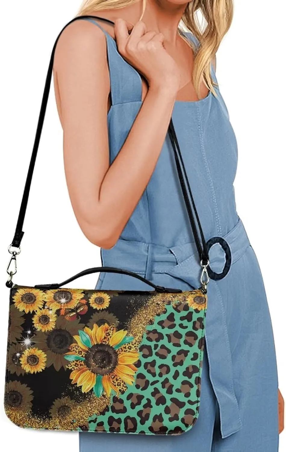 Talayituse Sunflower Leopard Pattern Bible Cover with Shoulder Strap PU Leather Makeup Organizer Expand Brief Case Journal Case Christian Purses Handbags with Handle for Women Men, L