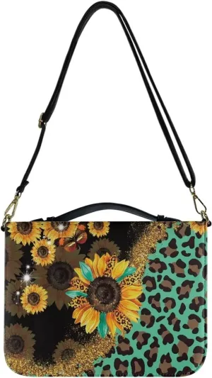 Talayituse Sunflower Leopard Pattern Bible Cover with Shoulder Strap PU Leather Makeup Organizer Expand Brief Case Journal Case Christian Purses Handbags with Handle for Women Men, L