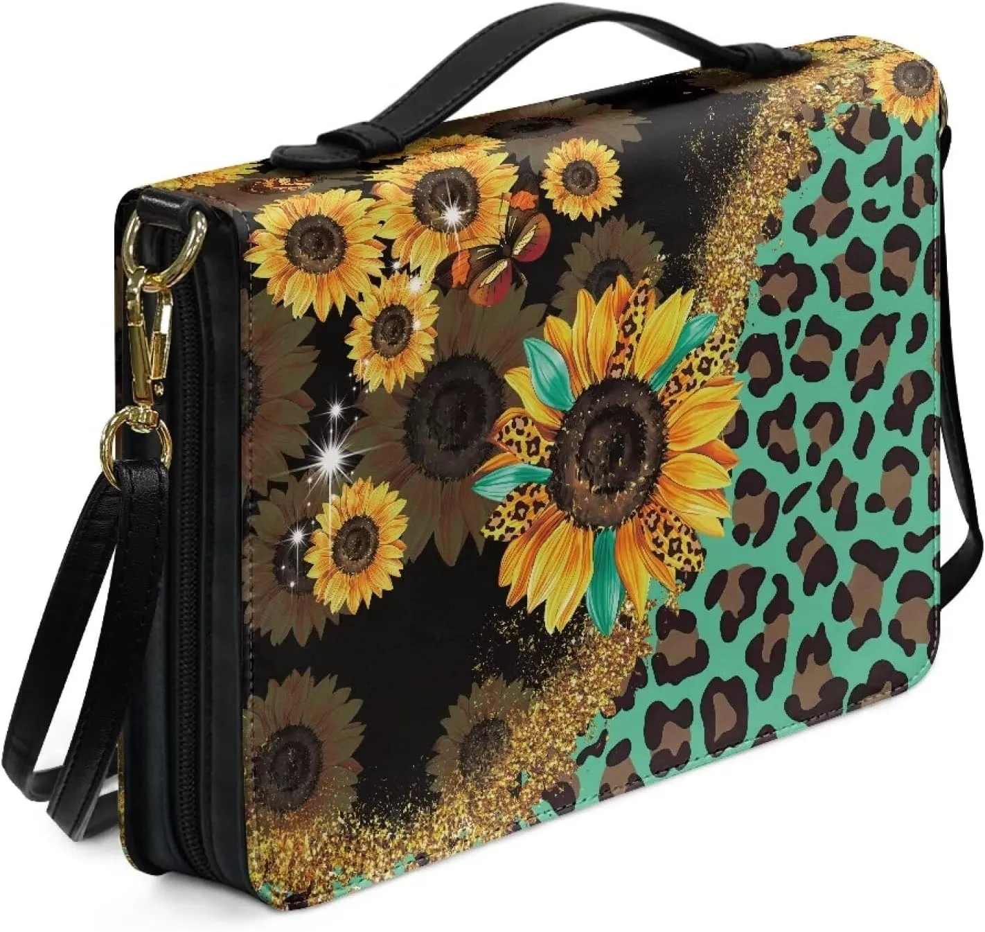 Talayituse Sunflower Leopard Pattern Bible Cover with Shoulder Strap PU Leather Makeup Organizer Expand Brief Case Journal Case Christian Purses Handbags with Handle for Women Men, L