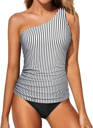 Tempt Me Two Piece Tankini Set Swimsuits for Women Tummy Control Bathing Suit One Shoulder Swimwear with Bikini Bottoms