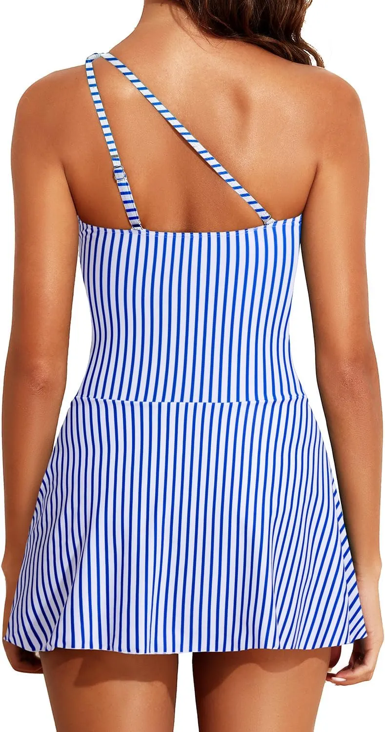 Tempt Me Women One Piece Swim Dress One Shoulder Swimsuit with Skirt Tummy Control Swimdress Bathing Suit