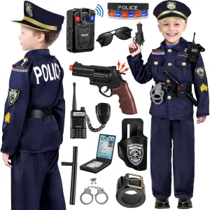 Tepsmigo Police Officer Costume for Kids, Police Costume for Kids with Cop Uniform, Recorder, shoulder lights, Halloween Costumes for Boys, Role Play Kit for Boys Girls