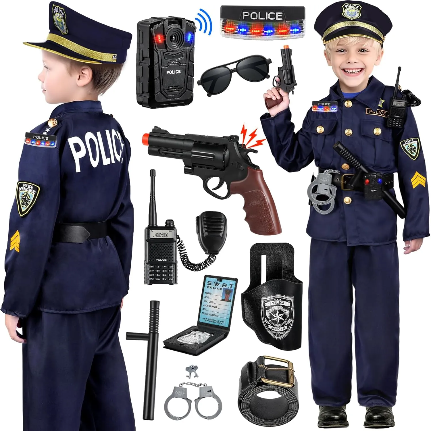 Tepsmigo Police Officer Costume for Kids, Police Costume for Kids with Cop Uniform, Recorder, shoulder lights, Halloween Costumes for Boys, Role Play Kit for Boys Girls