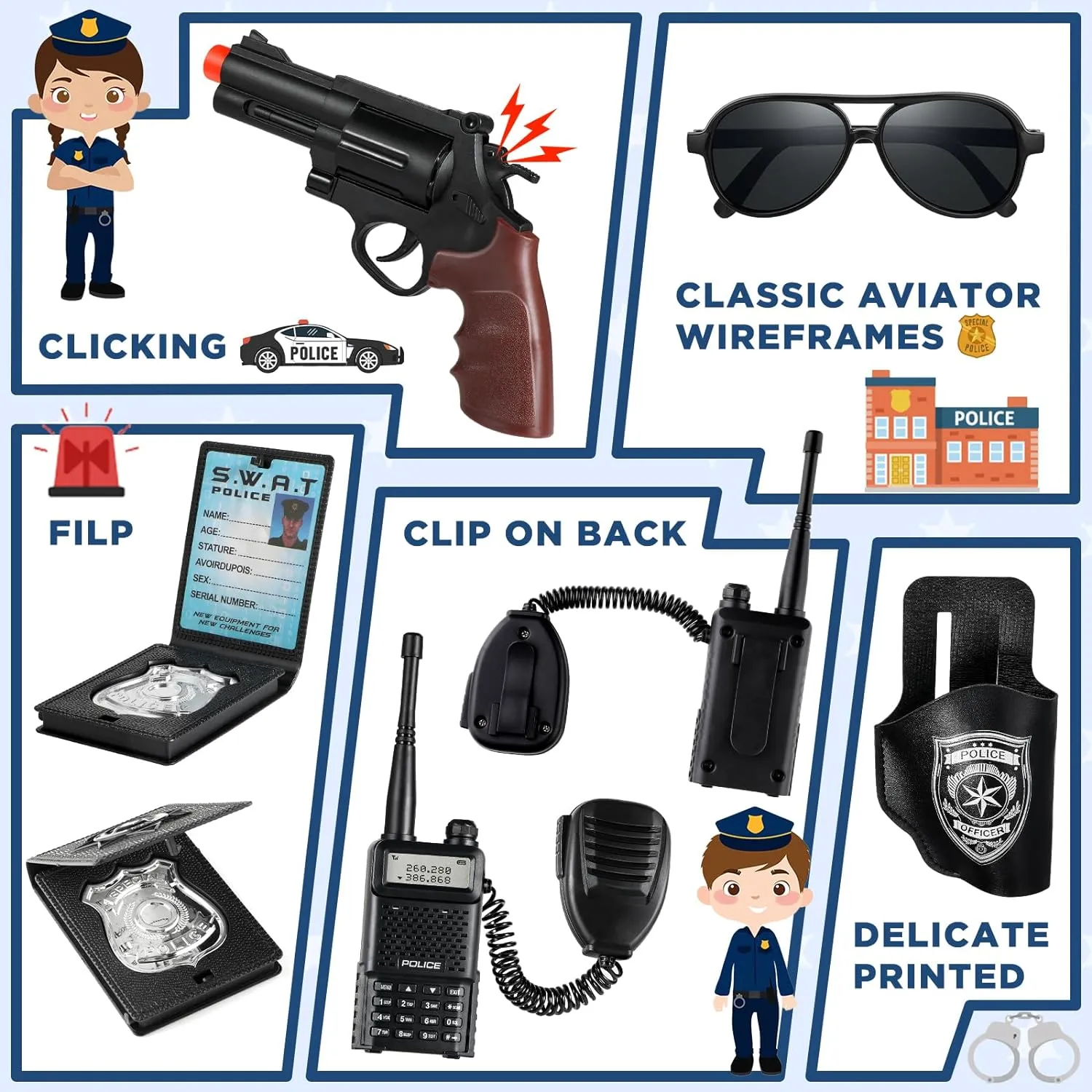 Tepsmigo Police Officer Costume for Kids, Police Costume for Kids with Cop Uniform, Recorder, shoulder lights, Halloween Costumes for Boys, Role Play Kit for Boys Girls