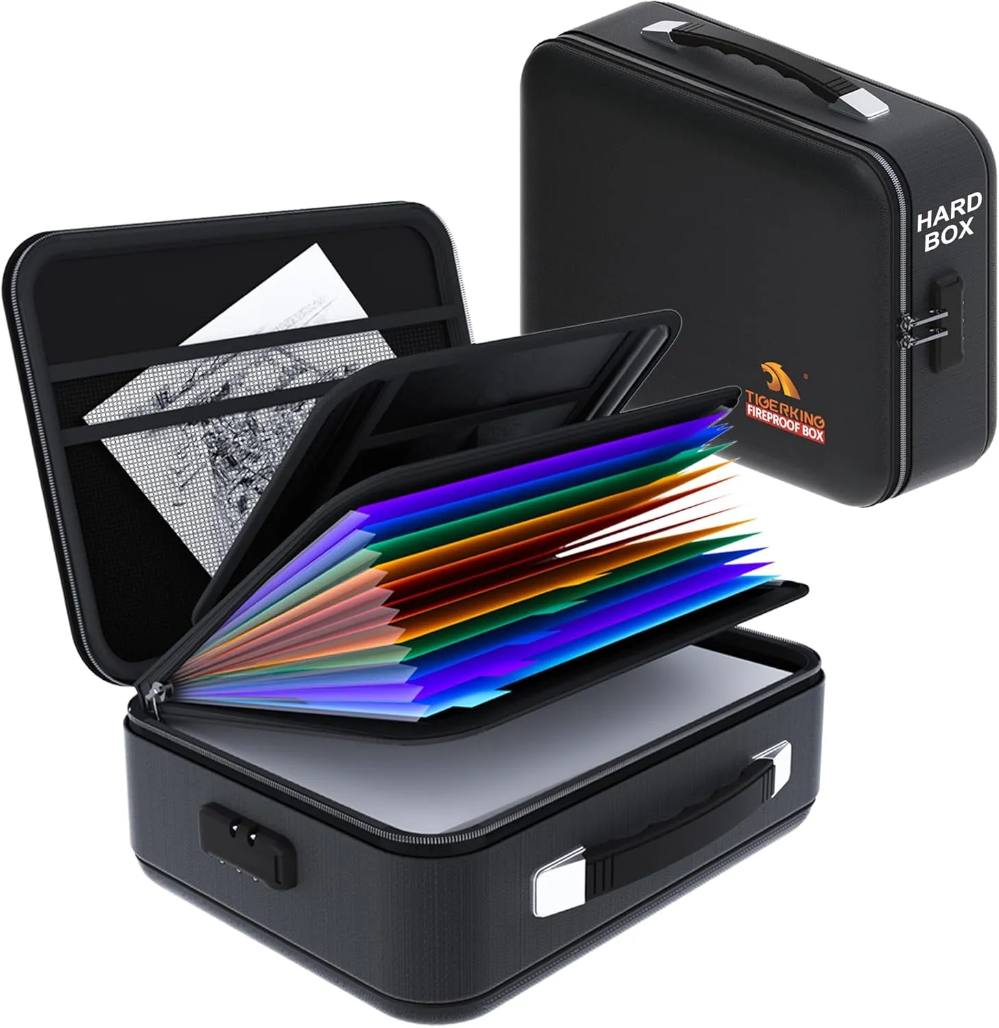 TIGERKING Fireproof Document Box Hard Case with Water-Resistant Zipper, Fireproof File Box with Lock, Document Safe Boxs for Important Documents, Certificates - Black File Organizer