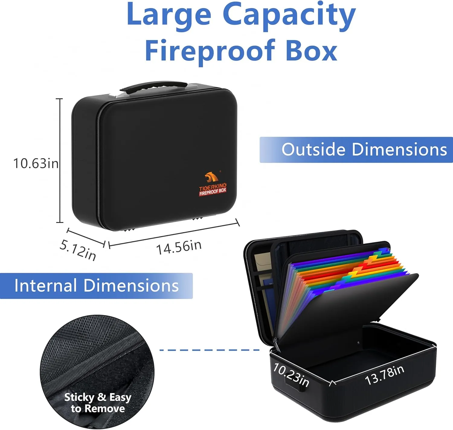 TIGERKING Fireproof Document Box Hard Case with Water-Resistant Zipper, Fireproof File Box with Lock, Document Safe Boxs for Important Documents, Certificates - Black File Organizer