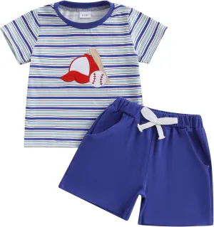 Toddler Baby Boys Summer Clothes Set Baseball//Tennis Striped Short Sleeve T-shirt and Solid Shorts Outfit