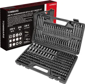 TOMMARS 208-Pc Master Screwdriver Bit Set, 1/4" Hex Shank Screwdriver Bits, Nut Driver and Security Bit Set