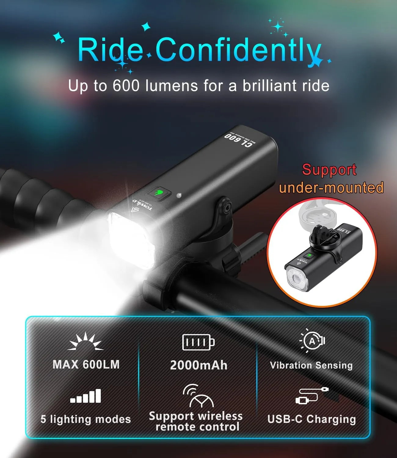 TOWILD Bike Lights for Night Riding,Compatible with Garmin/GoPro Mount,600 Lumen Bike Headlight,2000mAh Rechargeable Battery,Waterproof Bike Front Light for Commuter Cyclists-Fits All Bikes