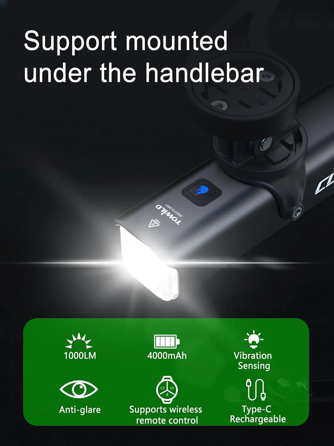 TOWILD Bike Lights for Night Riding,Compatible with Garmin/GoPro Mount,600 Lumen Bike Headlight,2000mAh Rechargeable Battery,Waterproof Bike Front Light for Commuter Cyclists-Fits All Bikes