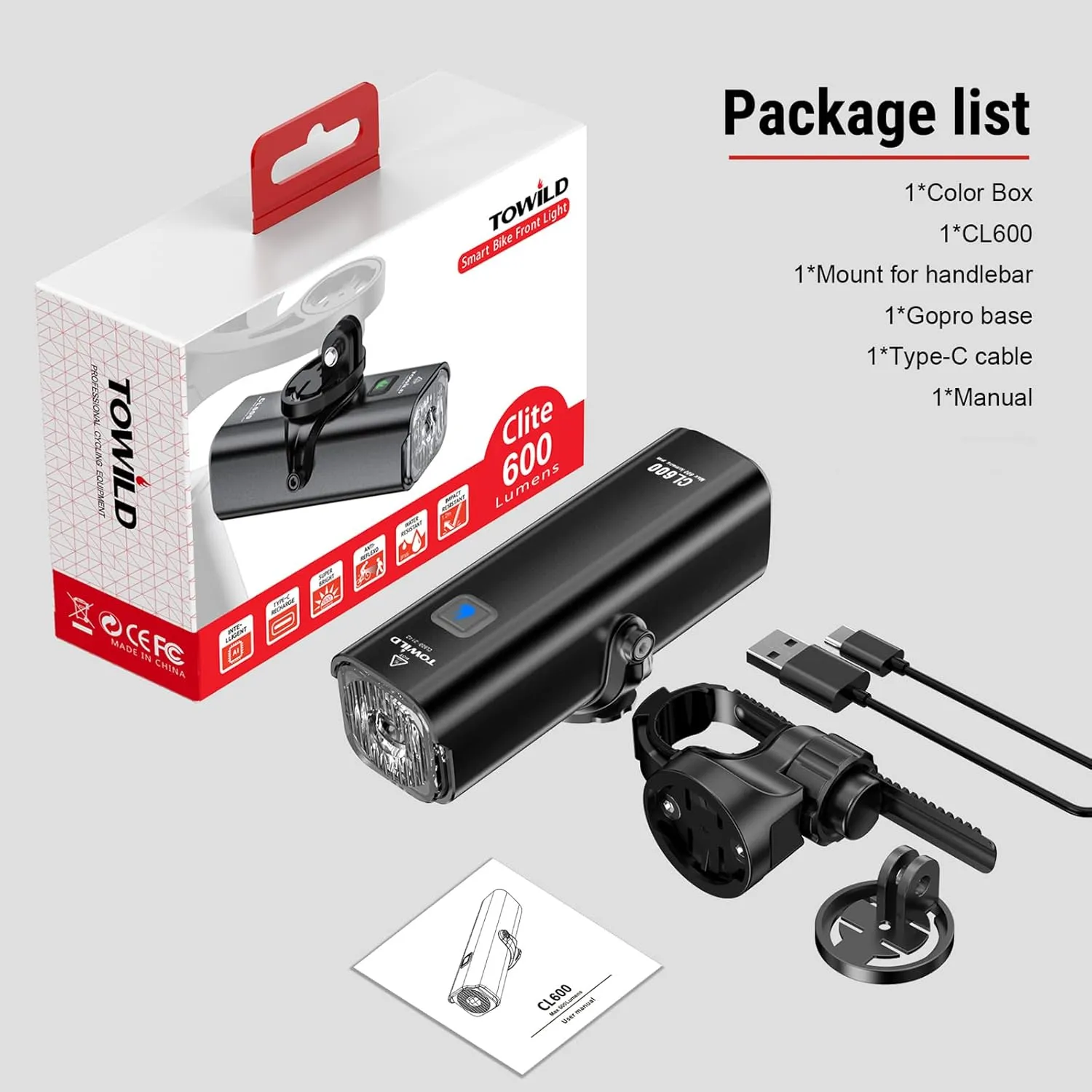 TOWILD Bike Lights for Night Riding,Compatible with Garmin/GoPro Mount,600 Lumen Bike Headlight,2000mAh Rechargeable Battery,Waterproof Bike Front Light for Commuter Cyclists-Fits All Bikes