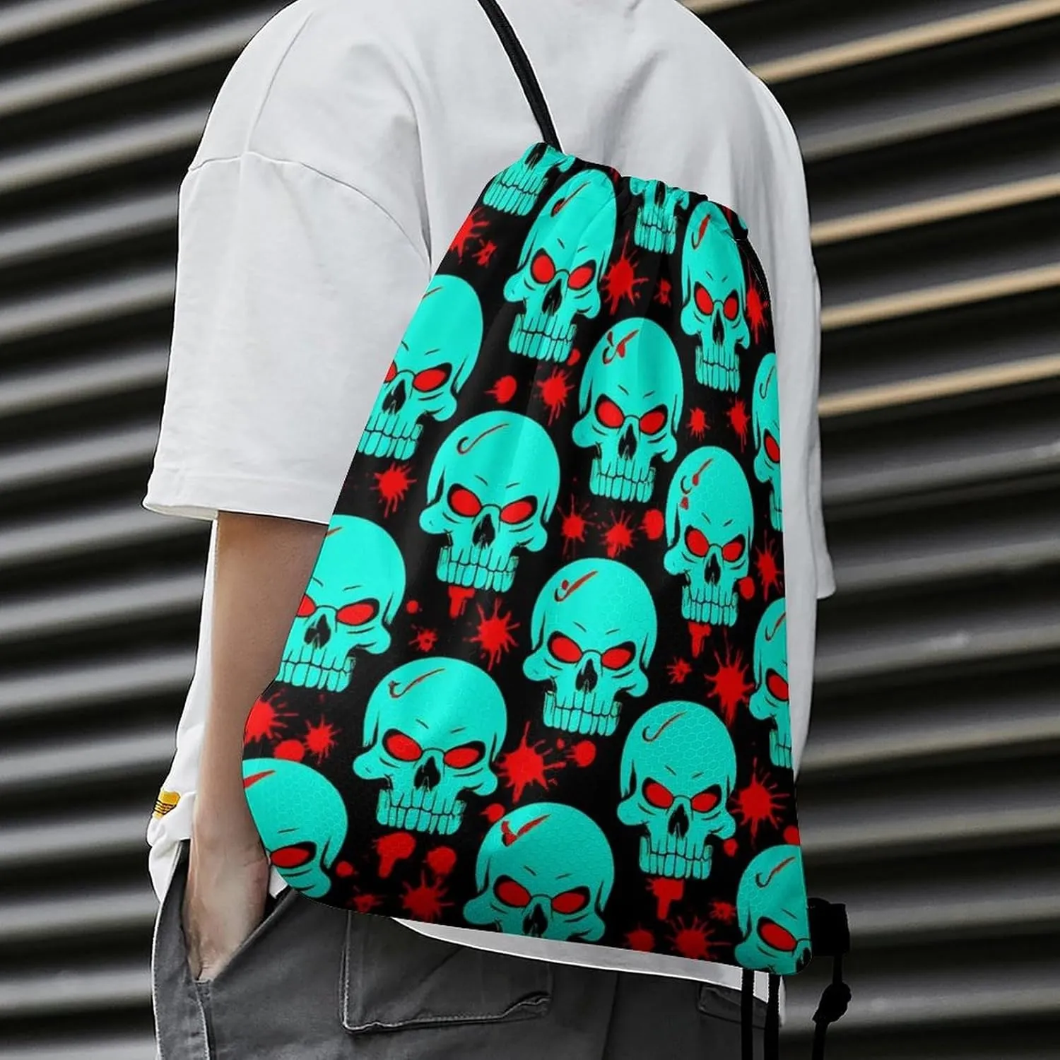 Travel Drawstring Bag for Men Women, Halloween Cool Red Blood Zombie Skull Waterproof Sackpack Bags, Large Capacity Handbag Shoulder Bag with Sturdy String