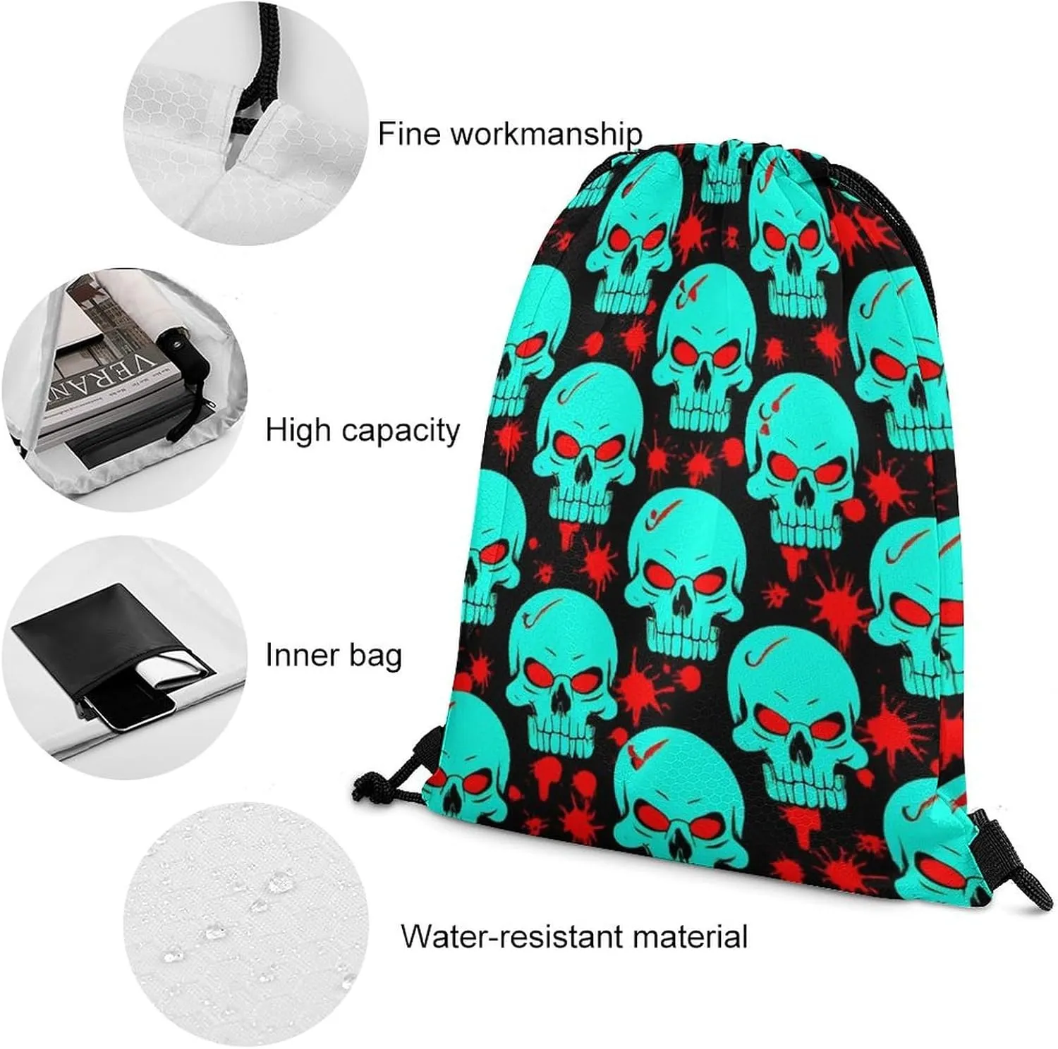Travel Drawstring Bag for Men Women, Halloween Cool Red Blood Zombie Skull Waterproof Sackpack Bags, Large Capacity Handbag Shoulder Bag with Sturdy String