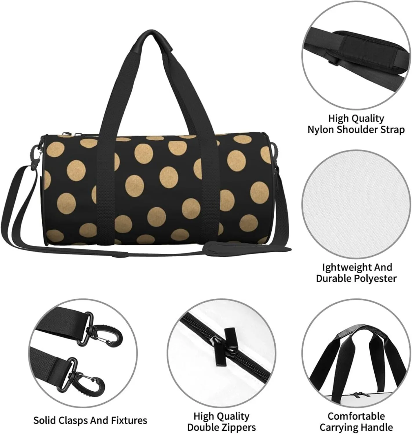 Travel Duffle Bag for Men Women, Gold Black Polka Dot Duffle Bags for Sport Gym Overnight Luggage