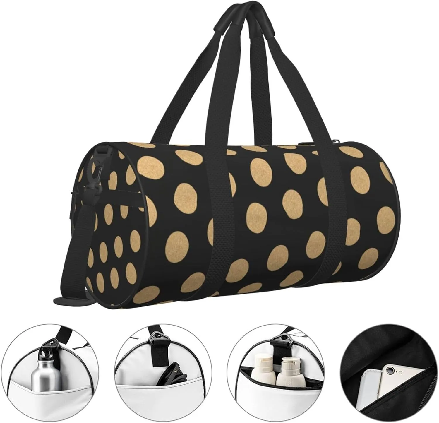 Travel Duffle Bag for Men Women, Gold Black Polka Dot Duffle Bags for Sport Gym Overnight Luggage