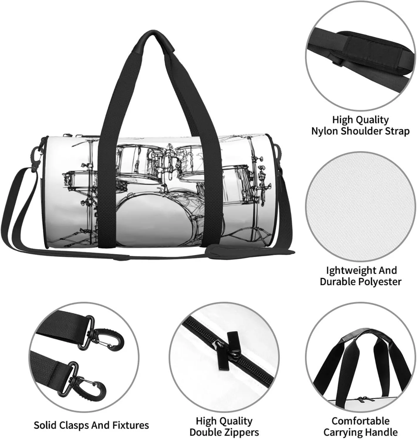 Travel Duffle Bag for Men Women, Music Drum Kit Rock Jazz Duffle Bags for Sport Gym Overnight Luggage