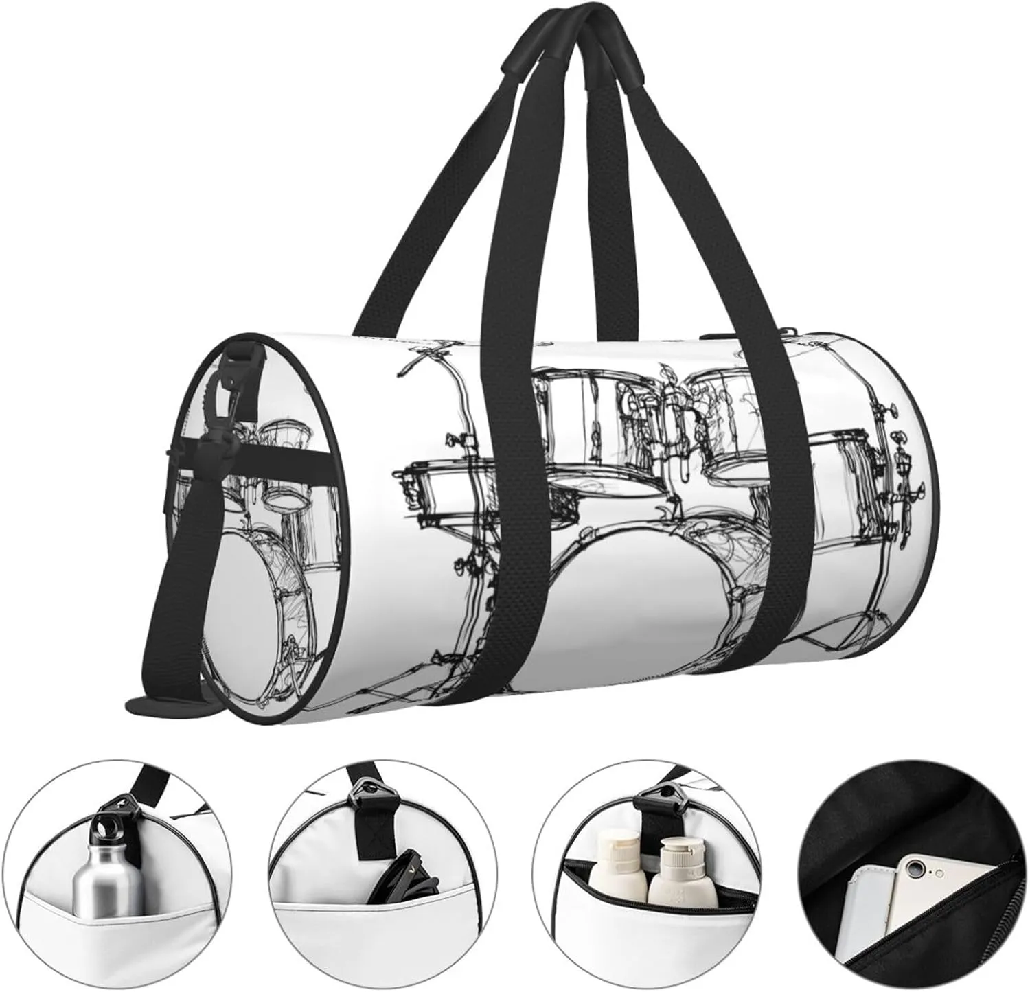 Travel Duffle Bag for Men Women, Music Drum Kit Rock Jazz Duffle Bags for Sport Gym Overnight Luggage