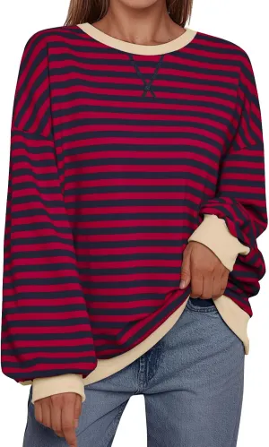 Trendy Queen Oversized Sweatshirt for Women 2025 Summer Crewneck Striped Long Sleeve Shirts Hoodies Cute Top Y2K Outfits
