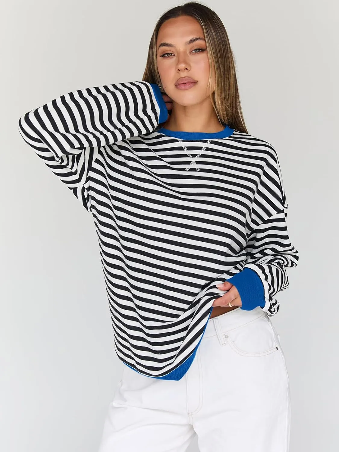 Trendy Queen Oversized Sweatshirt for Women 2025 Summer Crewneck Striped Long Sleeve Shirts Hoodies Cute Top Y2K Outfits