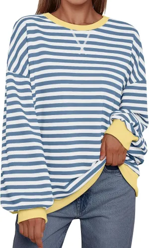 Trendy Queen Oversized Sweatshirt for Women 2025 Summer Crewneck Striped Long Sleeve Shirts Hoodies Cute Top Y2K Outfits