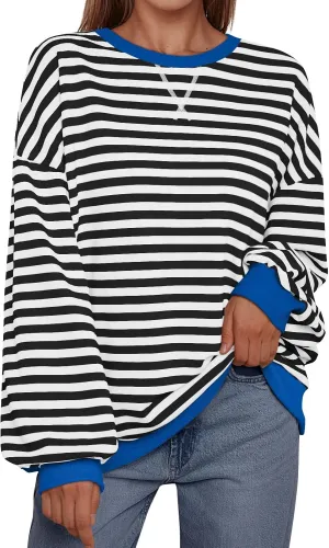 Trendy Queen Oversized Sweatshirt for Women 2025 Summer Crewneck Striped Long Sleeve Shirts Hoodies Cute Top Y2K Outfits