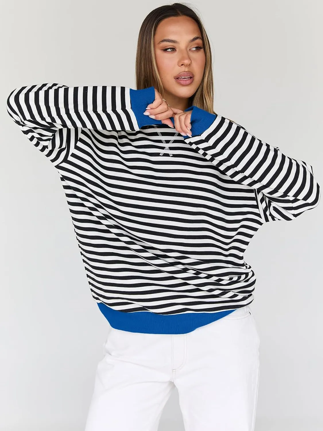 Trendy Queen Oversized Sweatshirt for Women 2025 Summer Crewneck Striped Long Sleeve Shirts Hoodies Cute Top Y2K Outfits