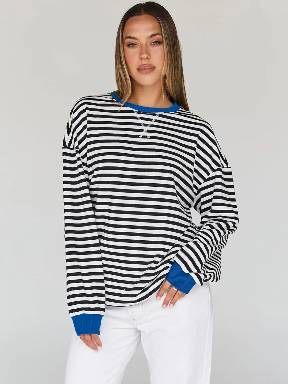 Trendy Queen Oversized Sweatshirt for Women 2025 Summer Crewneck Striped Long Sleeve Shirts Hoodies Cute Top Y2K Outfits