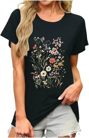Trendy Tops for Women 2025 Basic V Neck Solid Floral Shirts Dressy Casual Short Sleeve Tunics Summer Vacation Blouses