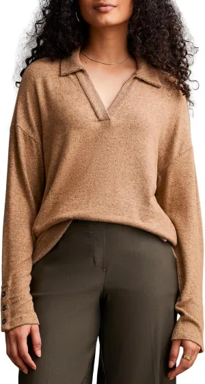 Tribal Women's Brushed Knit Collared Long Sleeve Drop Shoulder Top with Rib Combo