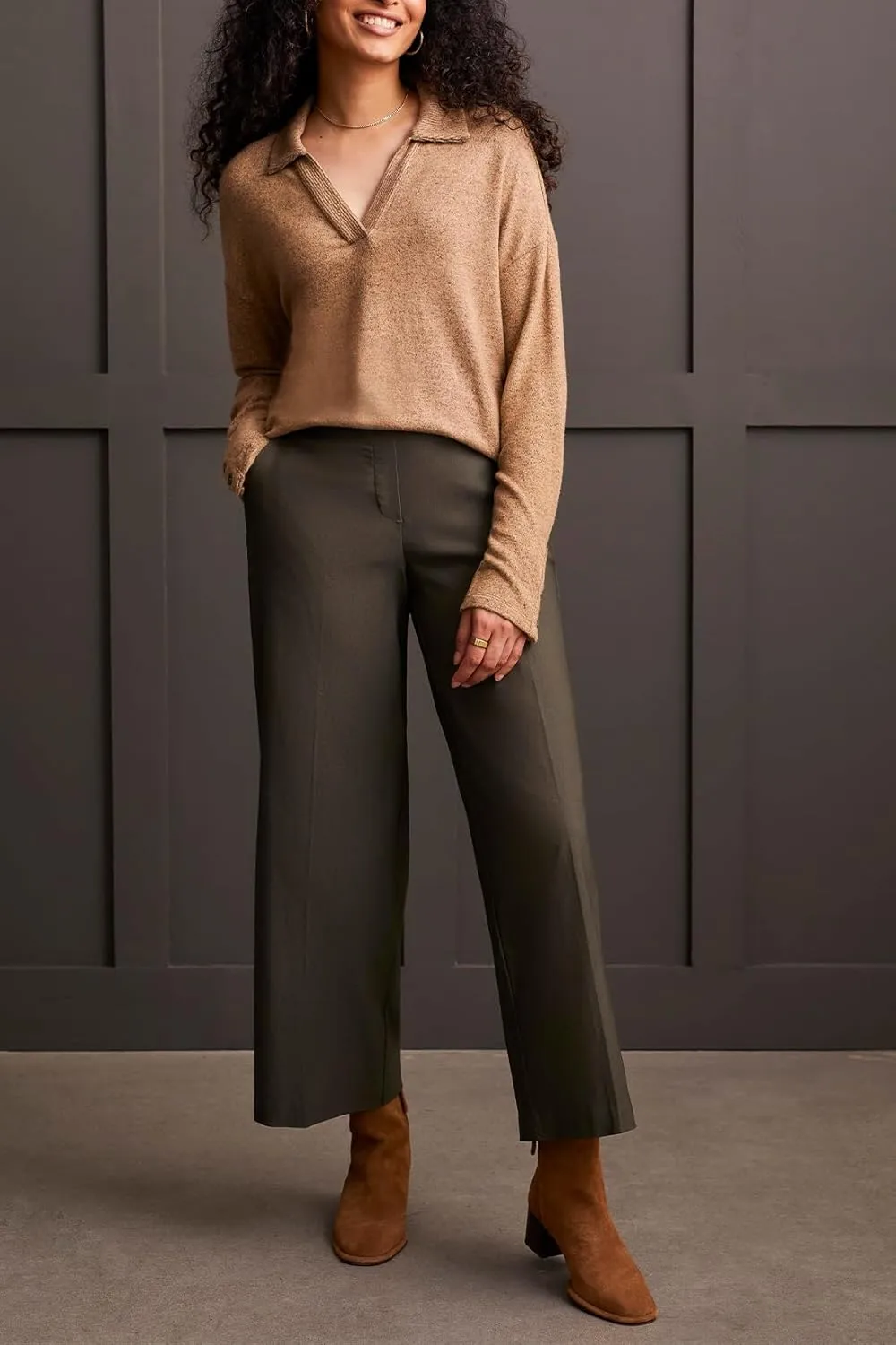 Tribal Women's Brushed Knit Collared Long Sleeve Drop Shoulder Top with Rib Combo