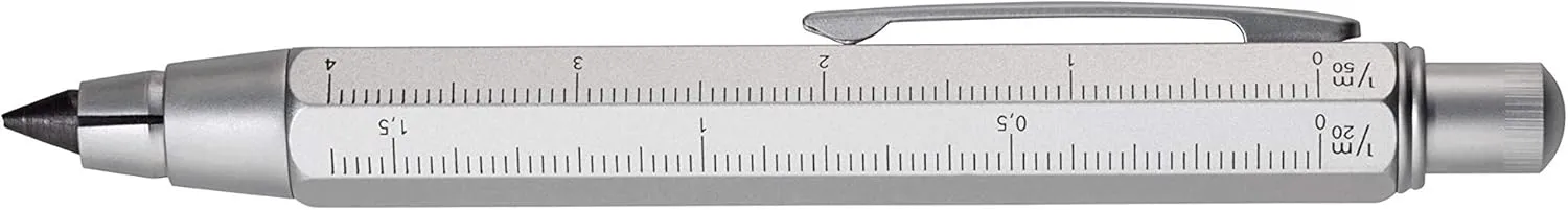 Troika ZIMMERMANN 5,6 – PEN56/SI – Carpenter's pencil – clutch pencil (5.6 mm HB lead) – centimetre/inch ruler – 1:20 m/1:50 m scale – brass – silver original