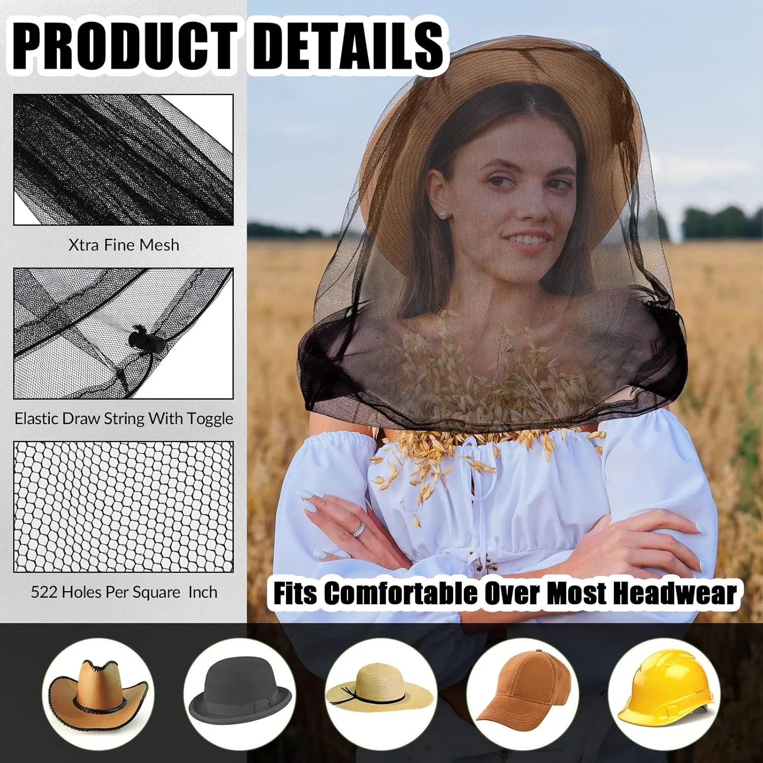 Tudomro 8 Pcs Mosquito Head Face Fly Netting Hood Mosquito Net Hat 18 x 18 Inch Bug Net for Head with Carry Bags(Black)