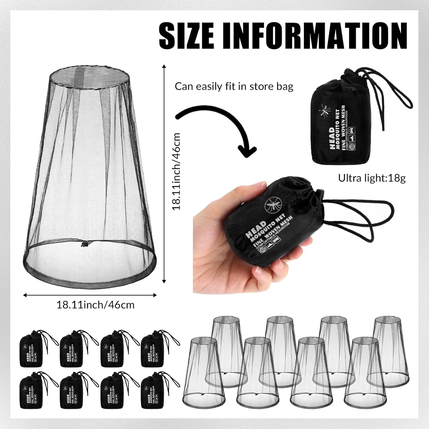 Tudomro 8 Pcs Mosquito Head Face Fly Netting Hood Mosquito Net Hat 18 x 18 Inch Bug Net for Head with Carry Bags(Black)