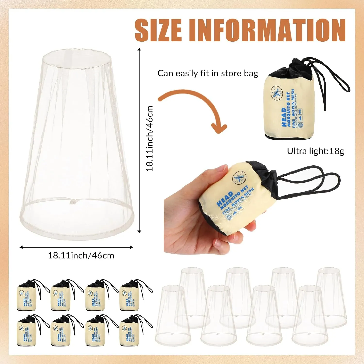 Tudomro 8 Pcs Mosquito Head Face Fly Netting Hood Mosquito Net Hat 18 x 18 Inch Bug Net for Head with Carry Bags(White)
