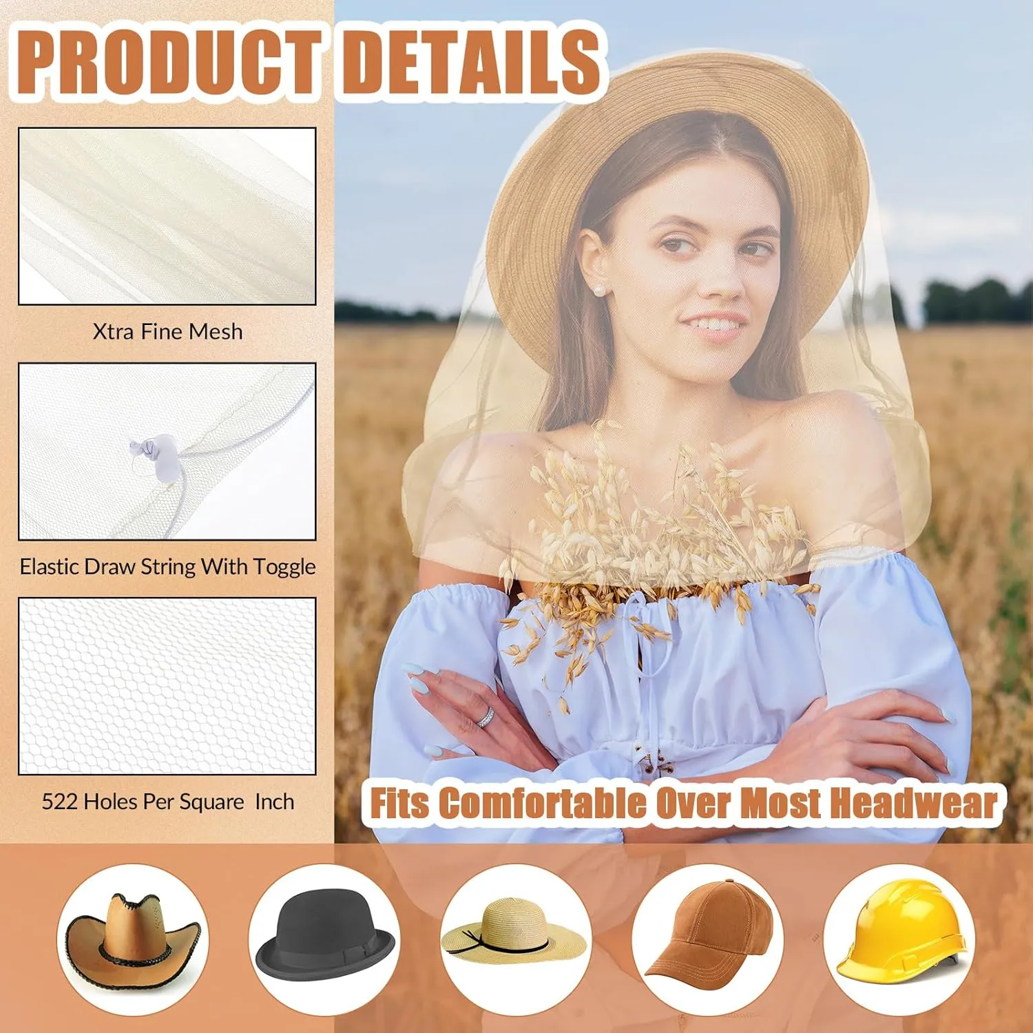 Tudomro 8 Pcs Mosquito Head Face Fly Netting Hood Mosquito Net Hat 18 x 18 Inch Bug Net for Head with Carry Bags(White)