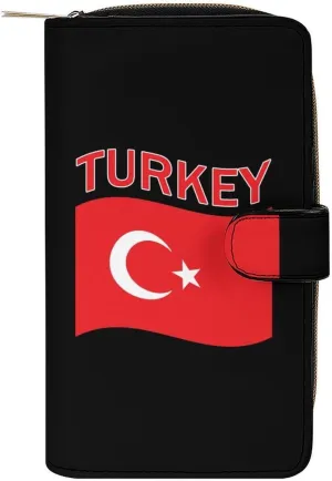 Turkey Flag Turkish Womens Wallet Leather Card Holder Purse RFID Blocking Bifold Clutch Handbag with Zipper Pocket 19.7x11x3.5cm