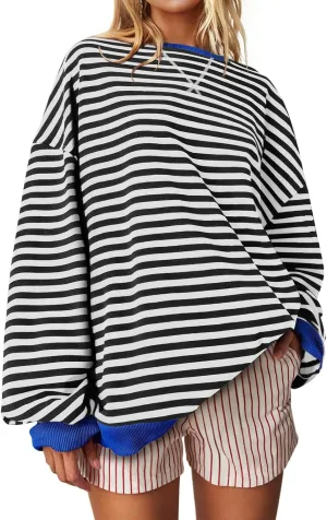 UEU Women Oversized Striped Crewneck Sweatshirt Long Sleeve Color Block Pullover Tops Casual Loose Workout Shirt