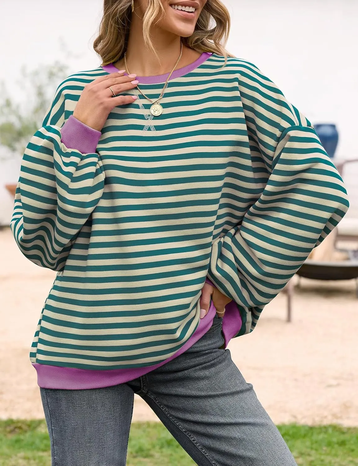 UEU Women Oversized Striped Crewneck Sweatshirt Long Sleeve Color Block Pullover Tops Casual Loose Workout Shirt