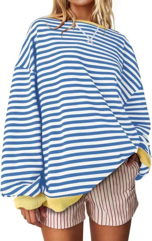 UEU Women Oversized Striped Crewneck Sweatshirt Long Sleeve Color Block Pullover Tops Casual Loose Workout Shirt
