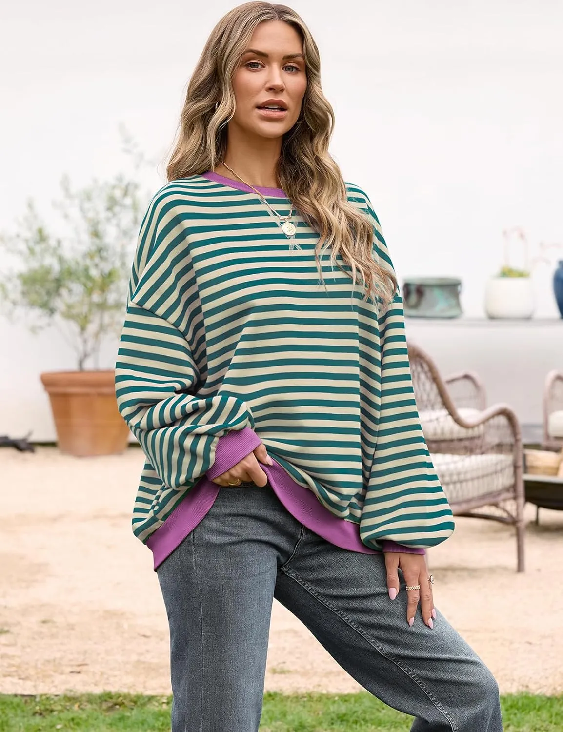 UEU Women Oversized Striped Crewneck Sweatshirt Long Sleeve Color Block Pullover Tops Casual Loose Workout Shirt