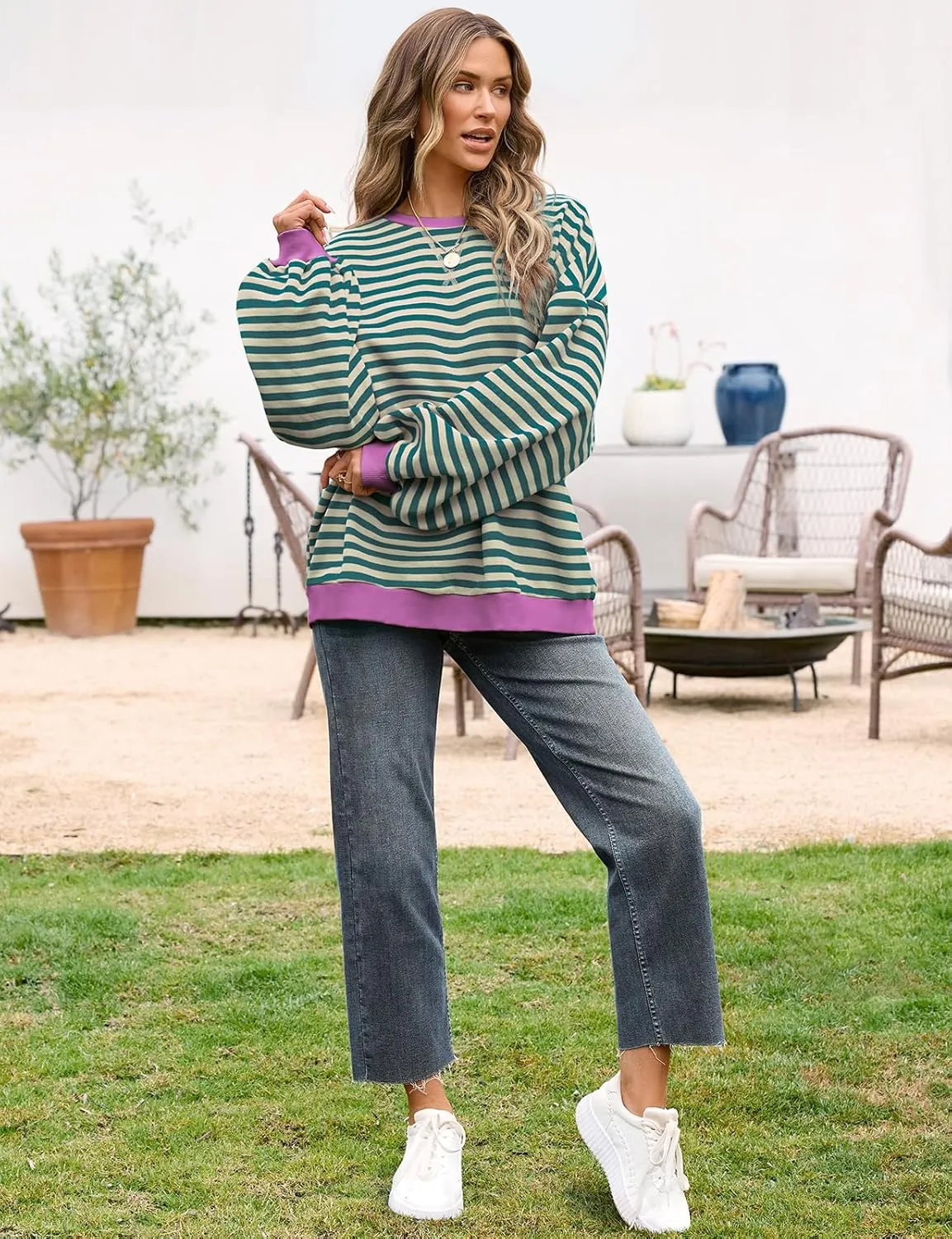 UEU Women Oversized Striped Crewneck Sweatshirt Long Sleeve Color Block Pullover Tops Casual Loose Workout Shirt