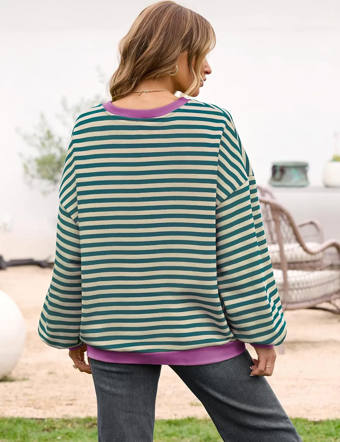 UEU Women Oversized Striped Crewneck Sweatshirt Long Sleeve Color Block Pullover Tops Casual Loose Workout Shirt