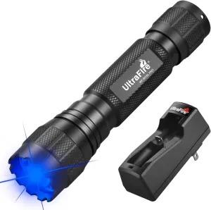 ULTRAFIRE Blue Light Flashlight, 450-460nm Single Mode Blue Led Flashlight, 10W High Power Small Portable Blue Light for Night Fishing and Outdoor Activities-Black House WF-501BL PRO