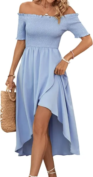 Umenlele Women's Off Shoulder Smocked Wrap Asymmetric Swing Hem Short Sleeve Summer Midi Dress
