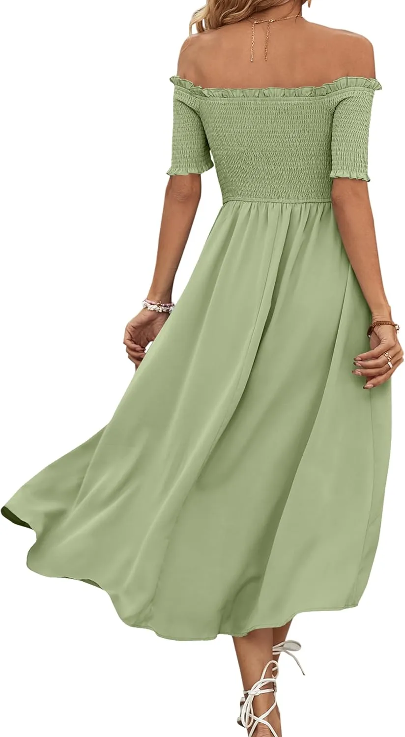 Umenlele Women's Off Shoulder Smocked Wrap Asymmetric Swing Hem Short Sleeve Summer Midi Dress