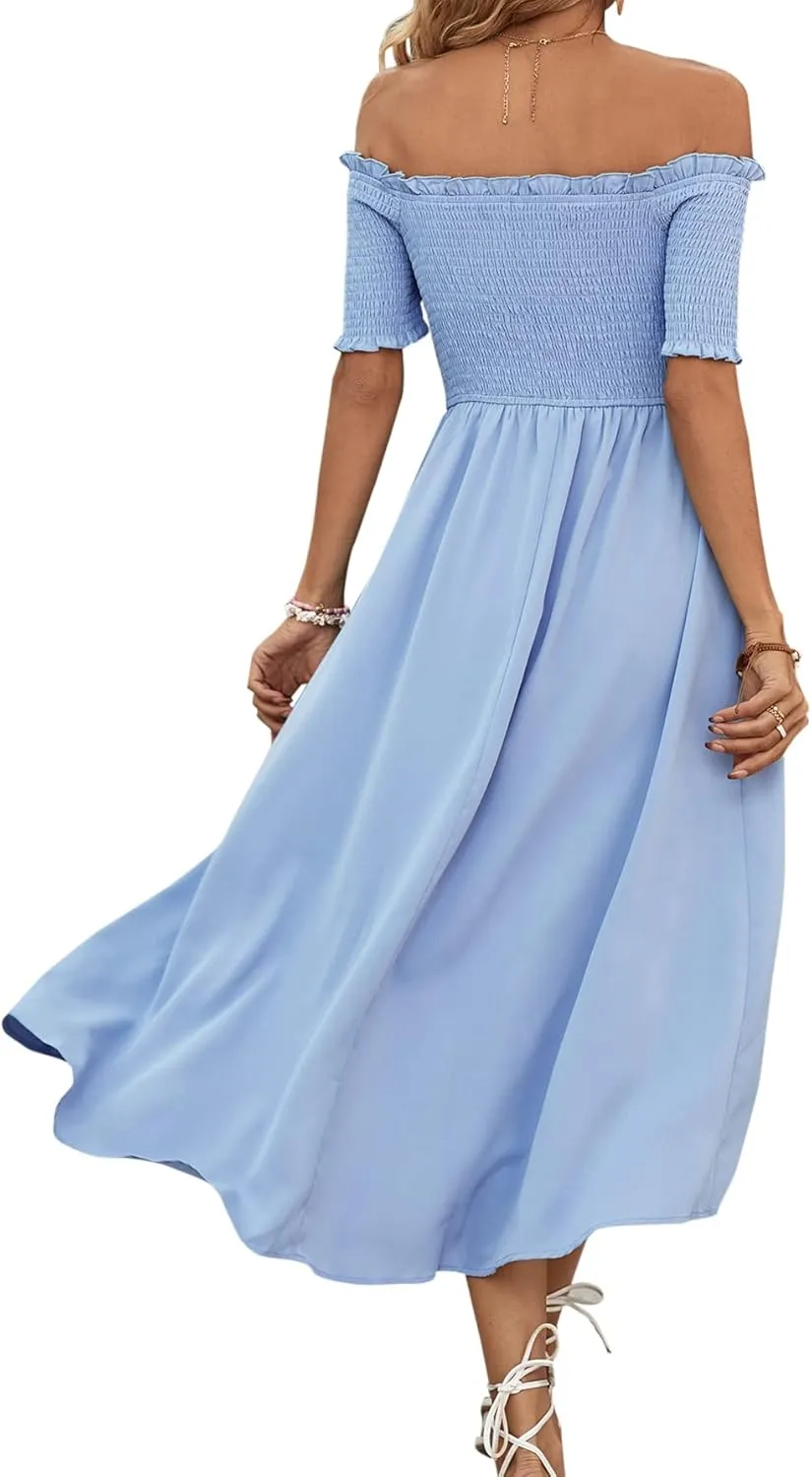 Umenlele Women's Off Shoulder Smocked Wrap Asymmetric Swing Hem Short Sleeve Summer Midi Dress