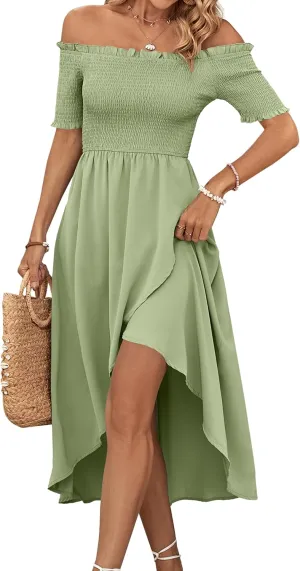 Umenlele Women's Off Shoulder Smocked Wrap Asymmetric Swing Hem Short Sleeve Summer Midi Dress