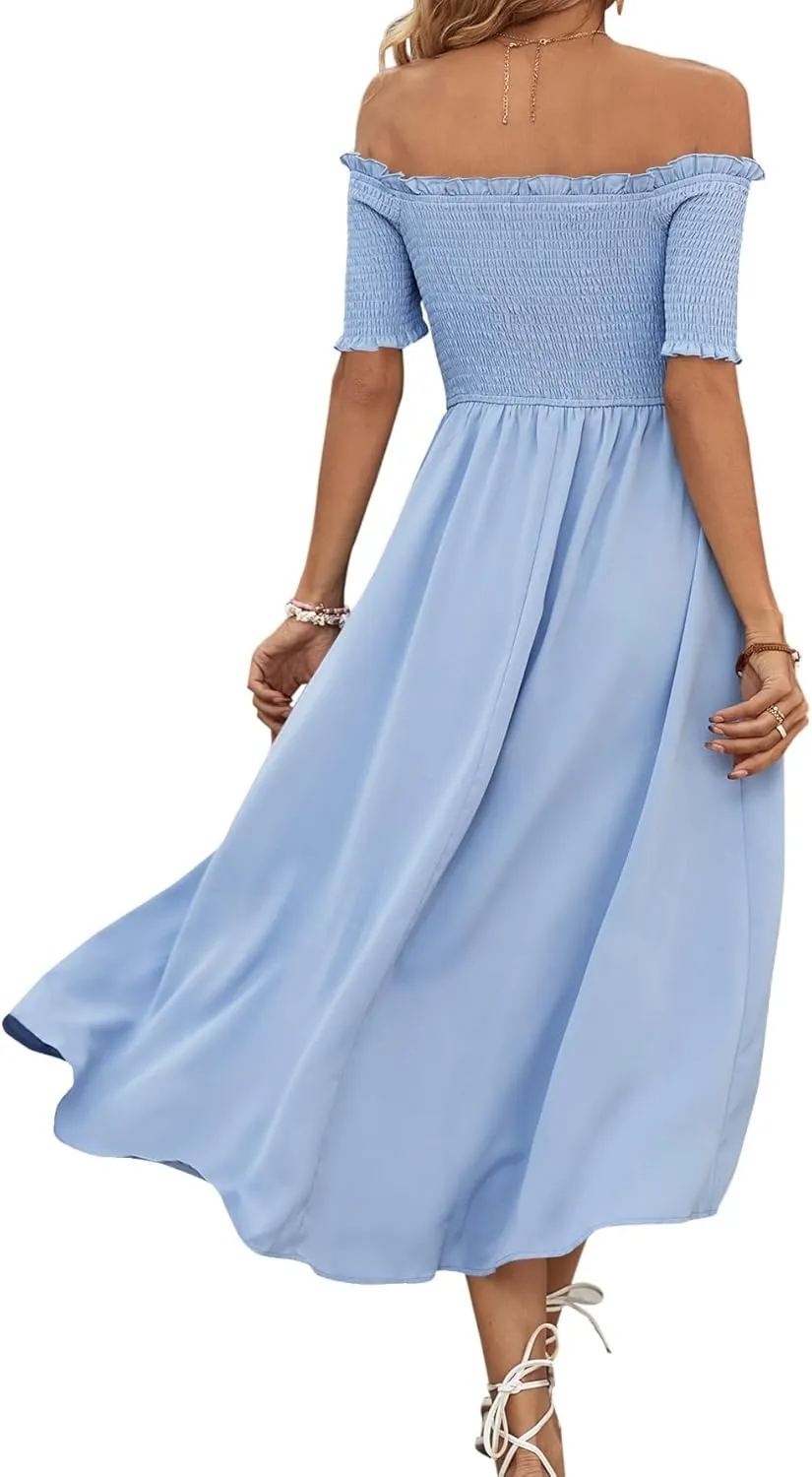 Umenlele Women's Off Shoulder Smocked Wrap Asymmetric Swing Hem Short Sleeve Summer Midi Dress