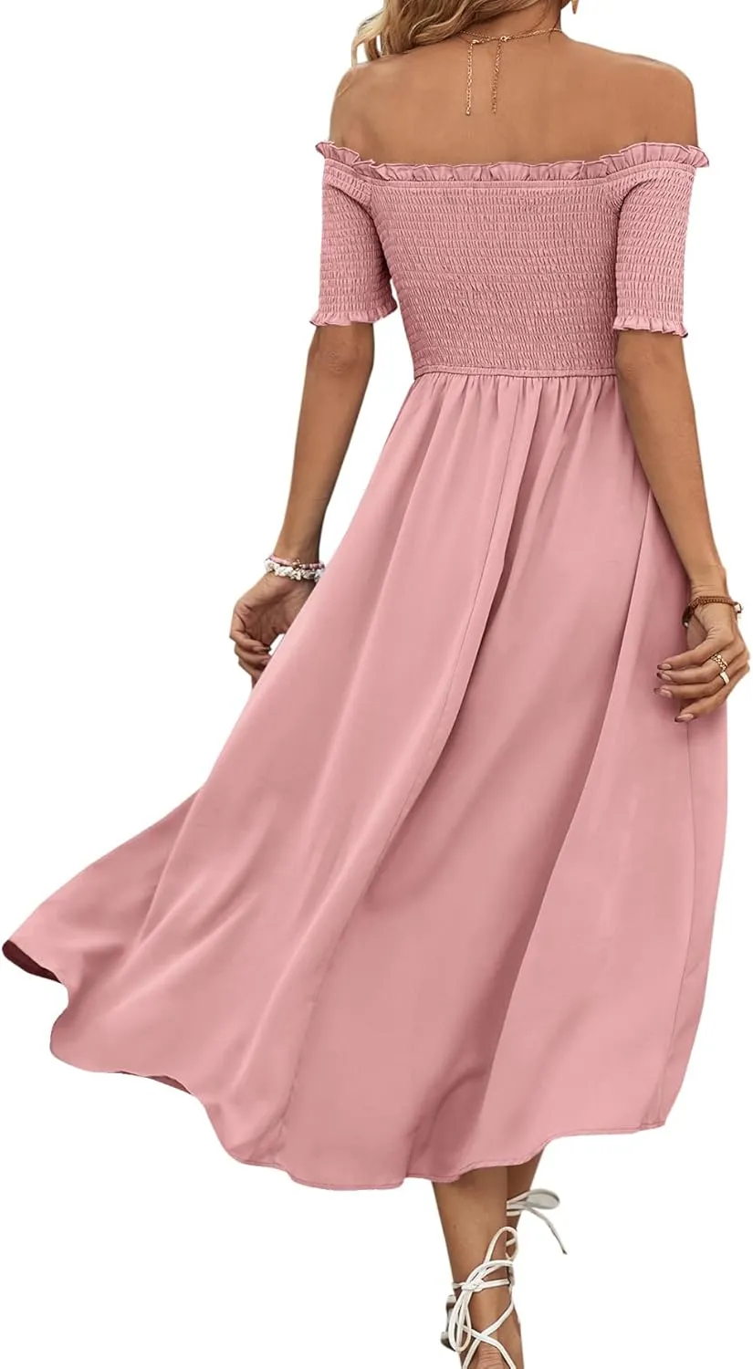 Umenlele Women's Off Shoulder Smocked Wrap Asymmetric Swing Hem Short Sleeve Summer Midi Dress