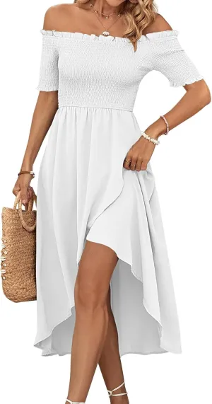 Umenlele Women's Off Shoulder Smocked Wrap Asymmetric Swing Hem Short Sleeve Summer Midi Dress